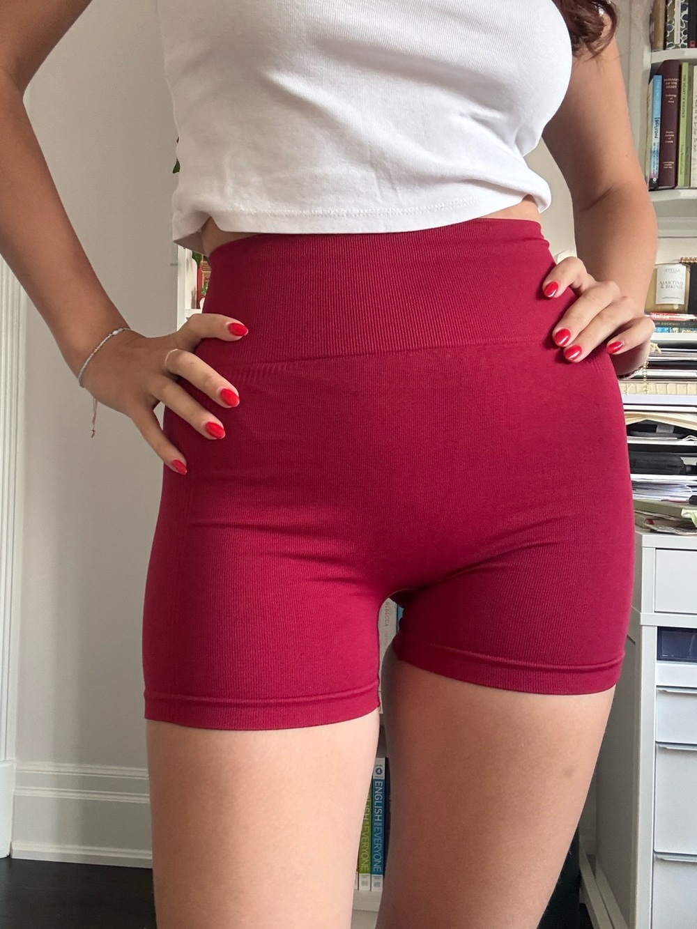 High-Waist Burgundy Women’s Active Shorts